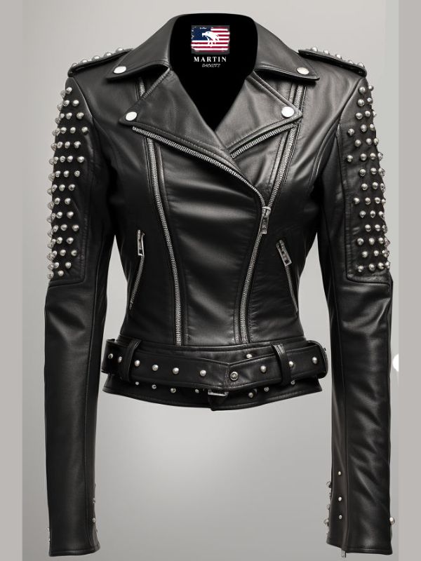 Odette Studs Black Leather Women Jacket