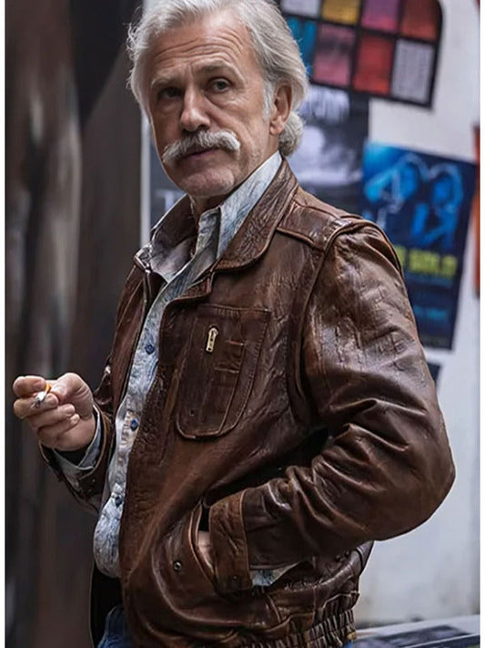Old Guy 2025 Christoph Waltz Brown Leather Jacket