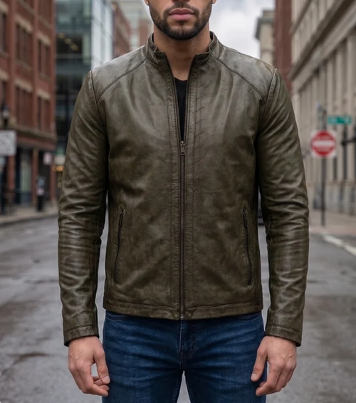 Peter Dark Green Biker Racer Leather Jacket For Men