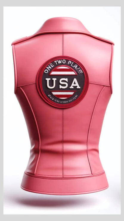 Pink leather vest with a circular logo featuring 'USA' on a white background