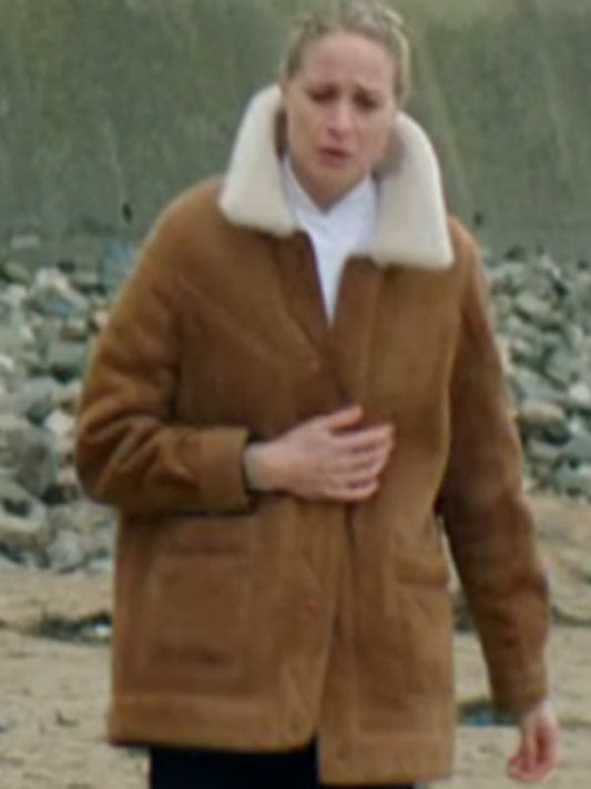 Playing Nice 2025 Niamh Algar Camel Suede Coat