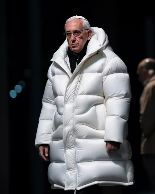 Pope Francis white puffer jacket with front zipper and quilted design