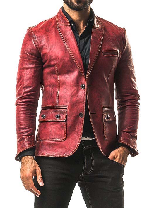 Premium Men Distressed Red Leather Blazer – Red Leather Jacket