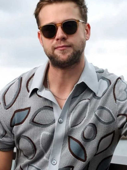 Press Junket 2025 Leo Woodall Leaf Grey Print Shirt