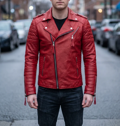 Prestige Biker Red Leather Jacket For Men