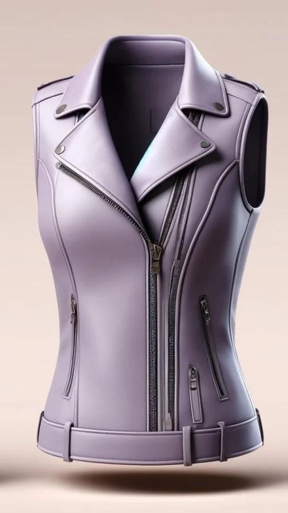 Purple leather vest with zippers on a beige background