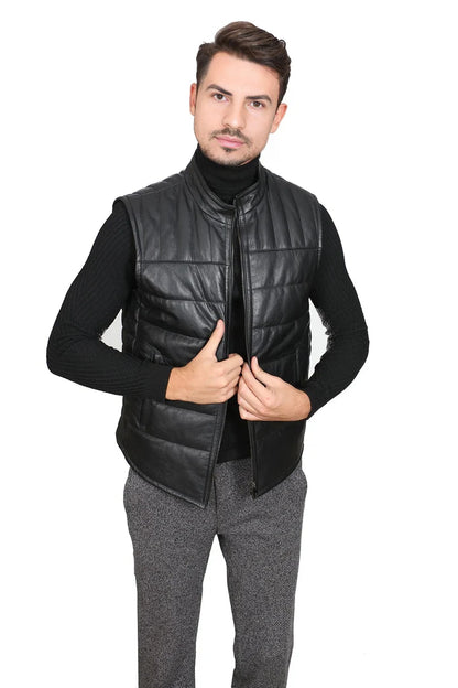 Anthony Real Black Leather Vest Jacket for Men