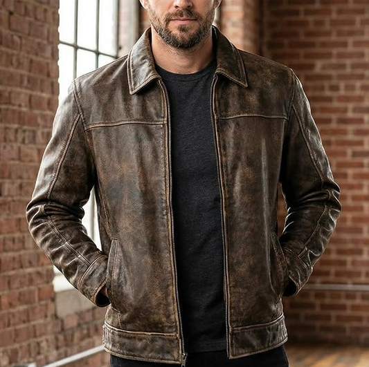 Mens Leather Jacket - Real Lambskin Classic Vintage Style