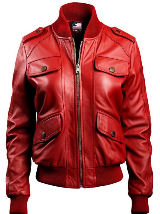 Red Leather Jacket Strap Pockets