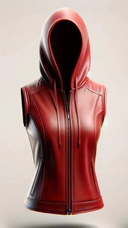 Red and black sleeveless hoodie with a hood on a light gray background