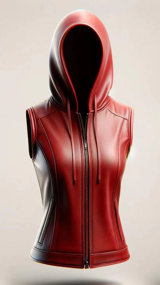 Red and black sleeveless hoodie with a hood on a light gray background