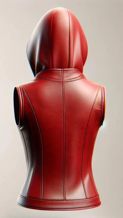 Red leather outfit with a hood on a neutral background