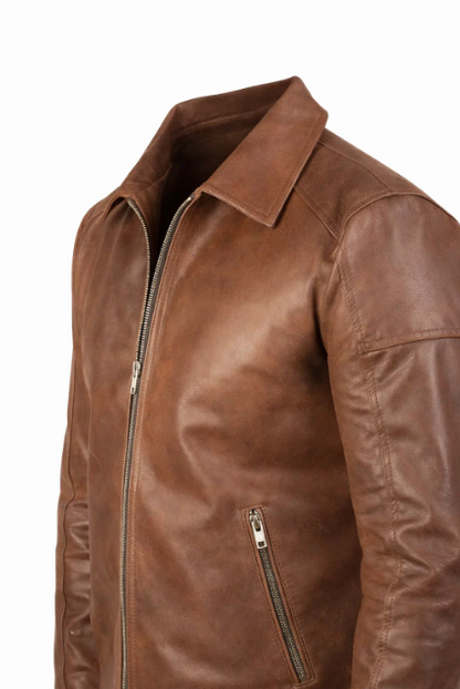 Reeves Men’s Brown Shirt Collar Leather Biker Jacket