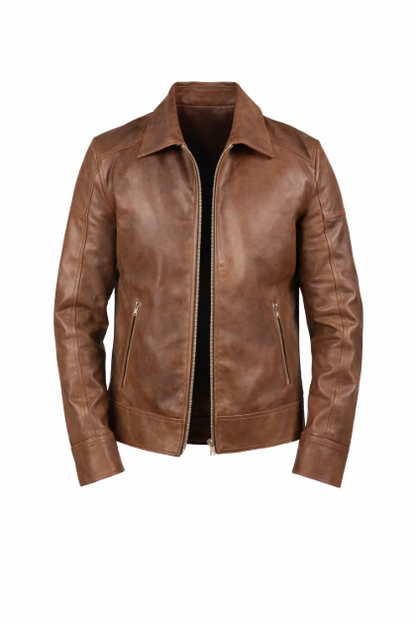 Reeves Men’s Brown Shirt Collar Leather Biker Jacket