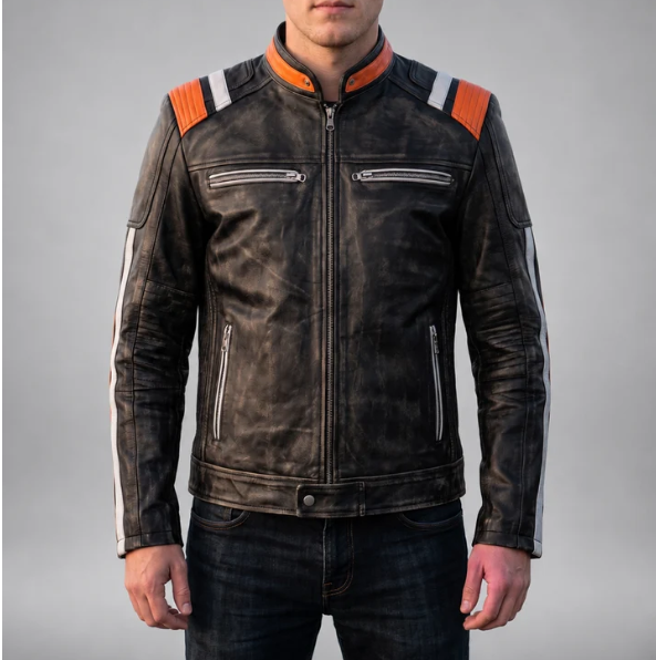 Retro Black Distressed Leather Jacket For Men
