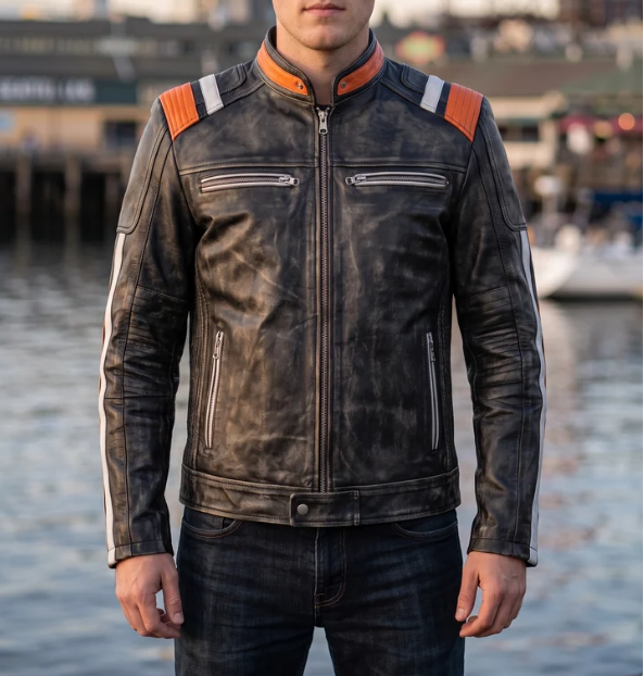 Retro Black Distressed Leather Jacket For Men