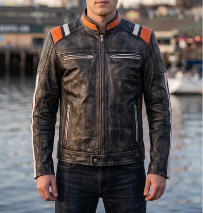 Retro Black Distressed Leather Jacket For Men