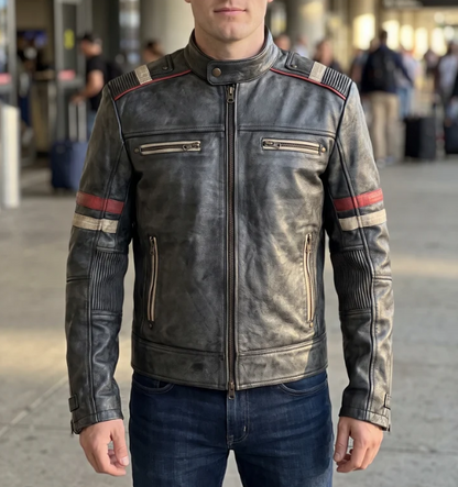 Retro Distressed Black Leather Jacket For Men