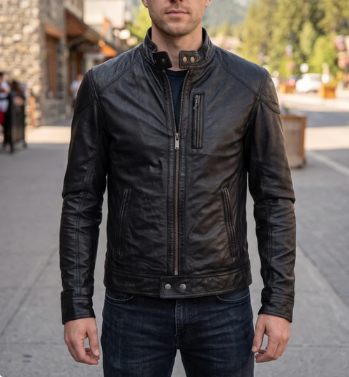 Retro Slim Fit Black Leather Jacket For Men