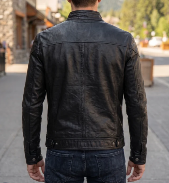 Retro Slim Fit Black Leather Jacket For Men