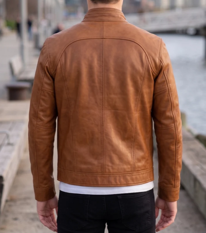 Samuel Brown Cafe Racer Leather Jacket For Men