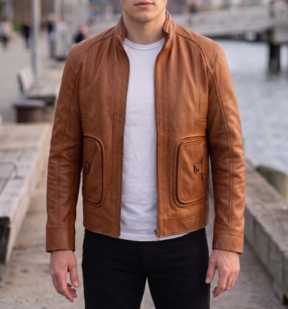 Samuel Brown Cafe Racer Leather Jacket For Men
