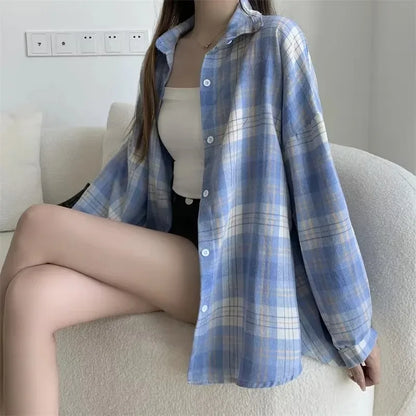 Plaid Shirt Women Fashion Autumn Long Sleeve Top Female Vintage Single Breasted Blouse Ladies Preppy Style Loose Check Shirts