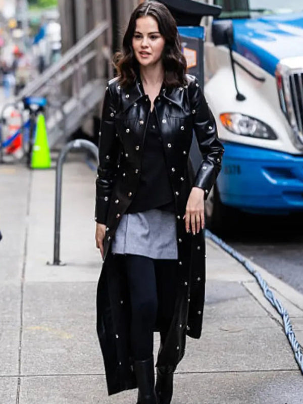 Selena Gomez NYC 2025 Black Leather Trench Coat