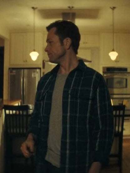 Smoke 2025 Taron Egerton Blue Check Shirt