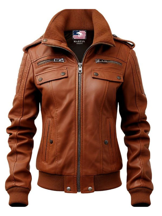 Strap Pocket Leather Jacket Tan Brown