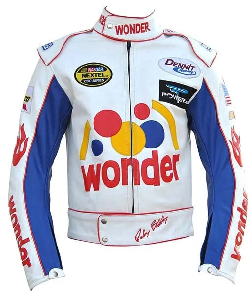 White and red racing jumpsuit featuring sponsor patches from Talladega Nights