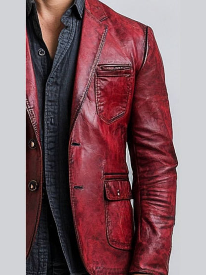 Teddy Red Leather Blazer - Leather Blazer for Men Red