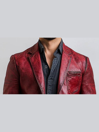 Teddy Red Leather Blazer - Leather Blazer for Men Red