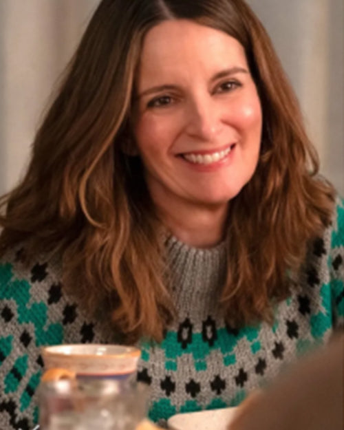 The Four Seasons 2025 Tina Fey Grey & Green Fair Isle Sweater