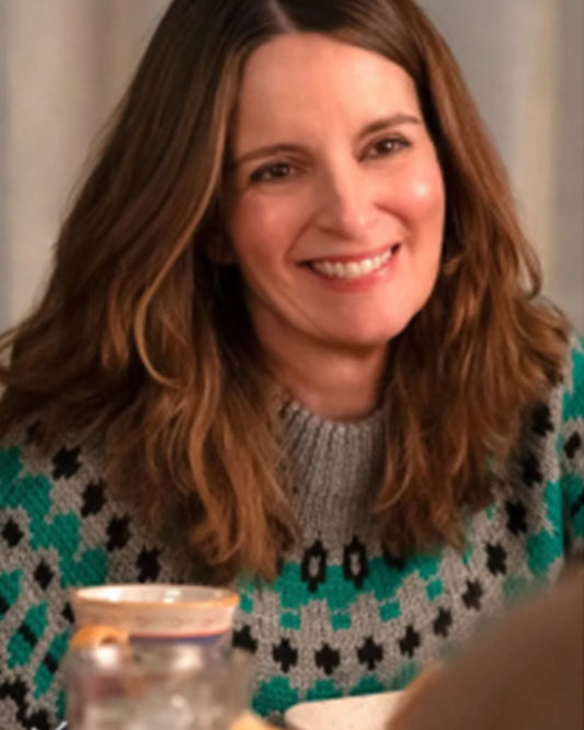 The Four Seasons 2025 Tina Fey Grey & Green Fair Isle Sweater