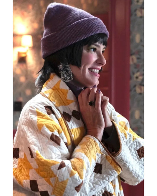 The Parenting 2025 Parker Posey Yellow & White Quilted Coat