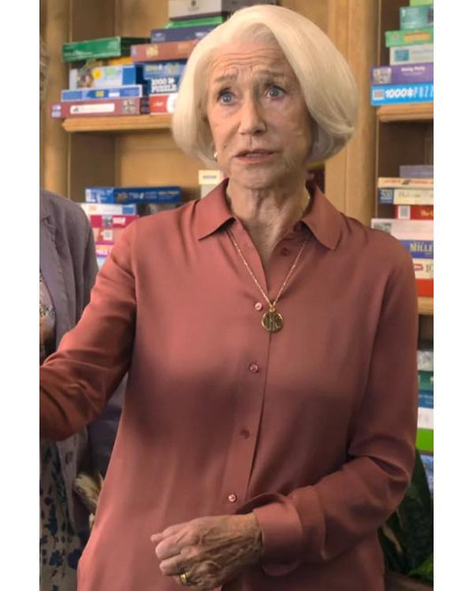The Thursday Murder Club 2025 Helen Mirren Pink Silk Shirt
