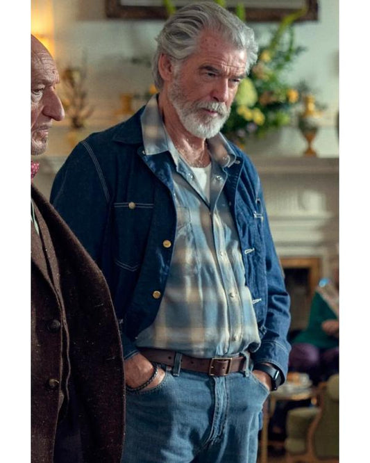 The Thursday Murder Club 2025 Pierce Brosnan Blue Denim Jacket