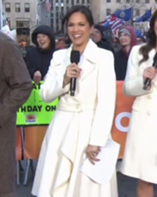 The Today Show 2025 Laura Jarrett White Wrap Ruffle Coat