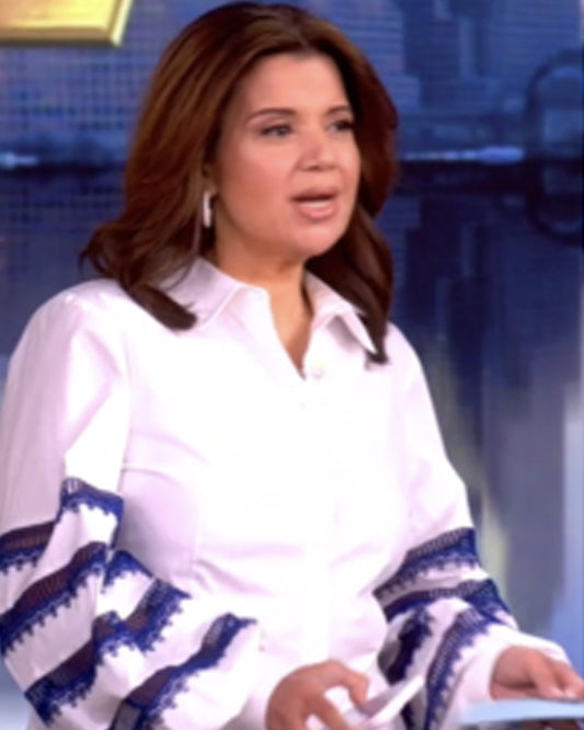 The View 2025 Ana Navarro White & Blue Embroidered Striped Shirt