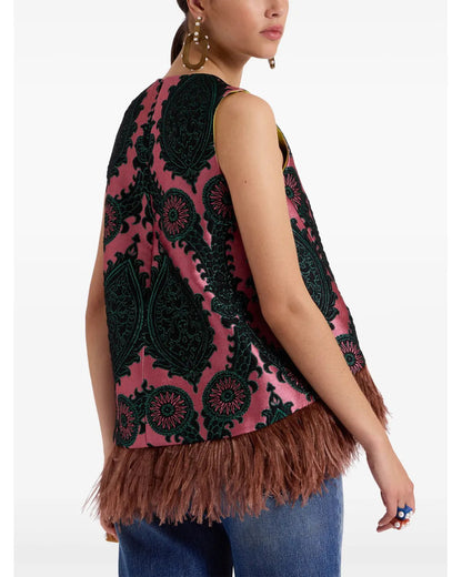 The View 2025 Sara Haines Pink Printed Feather Trim Top