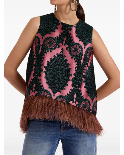 The View 2025 Sara Haines Pink Printed Feather Trim Top