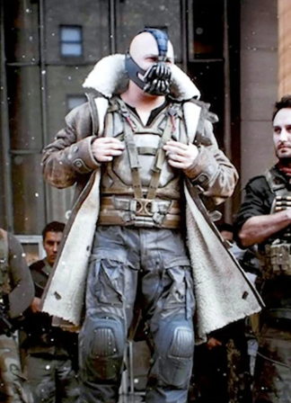 Tom Hardy Bane The Dark Knight Rises Men's Leather Trench Coat — angled side view