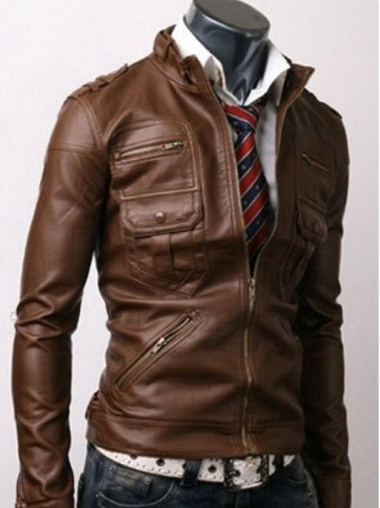 Trendy Zip Pocket Light Brown Leather Jacket