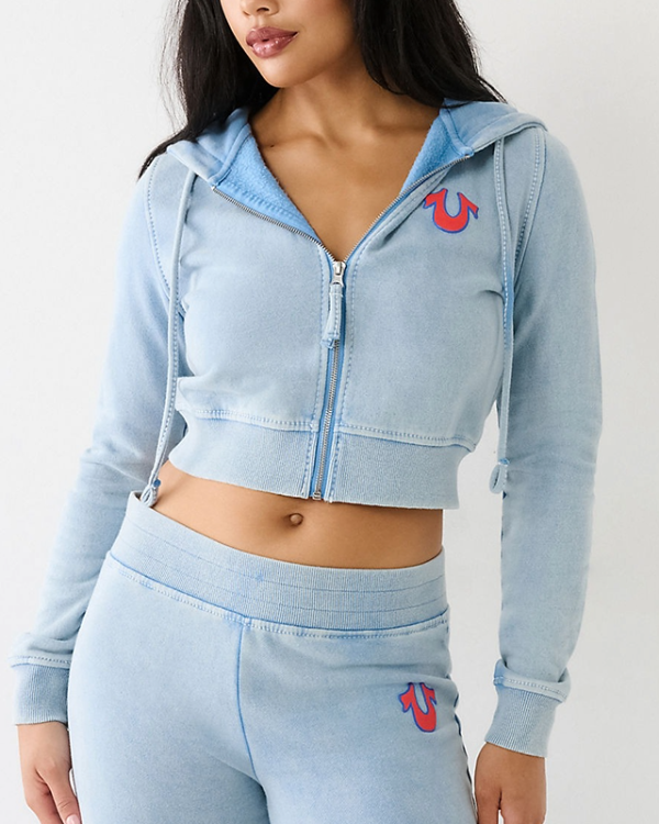 True Religion Women Big T Logo Cropped Hoodie