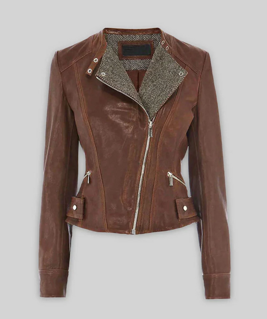 Women's Brown Leather Biker Jacket with Herringbone Lapels — front view