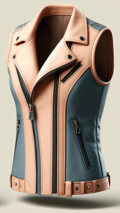 Two-tone leather vest with beige and blue design on a neutral background