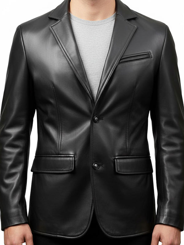 Two Button Men Black Leather Blazer - Leather Blazer for Men
