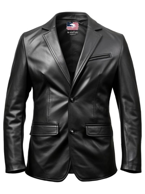 Two Button Men Black Leather Blazer - Leather Blazer for Men