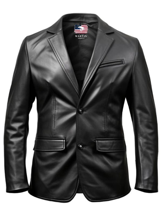 Two Button Men Black Leather Blazer - Leather Blazer for Men